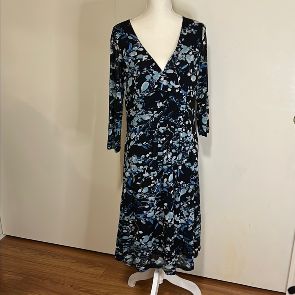 Coldwater Creek Blue Sheath Dress V-Neck 3/4 Sleeve
